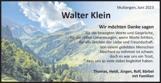 Traueranzeige von Walter Klein von Gmünder Tagespost