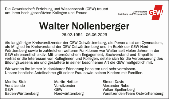 Traueranzeige von Walter Nollenberger von Schwäbische Post
