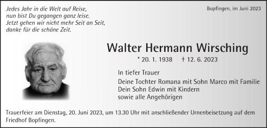 Traueranzeige von Walter Hermann Wirsching von Schwäbische Post