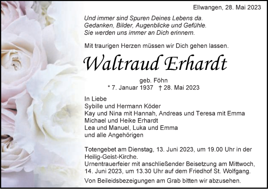 Traueranzeige von Waltraud Erhardt von Schwäbische Post