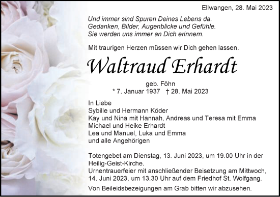 Traueranzeige von Waltraud Erhardt