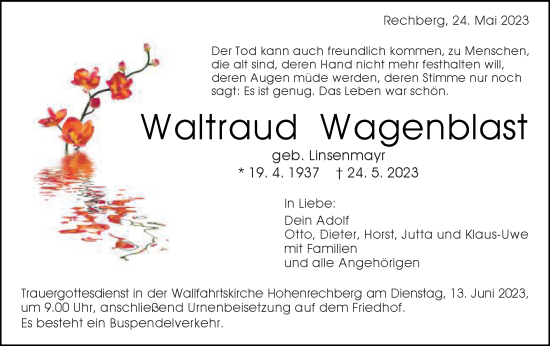 Traueranzeige von Waltraud Wagenblast von Gmünder Tagespost