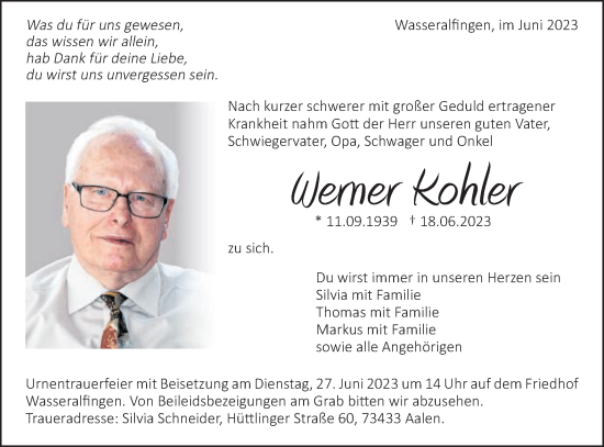 Traueranzeige von Werner Kohler von Schwäbische Post