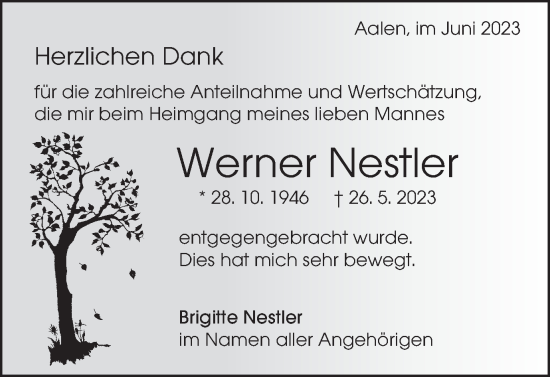 Traueranzeige von Werner Nestler von Schwäbische Post