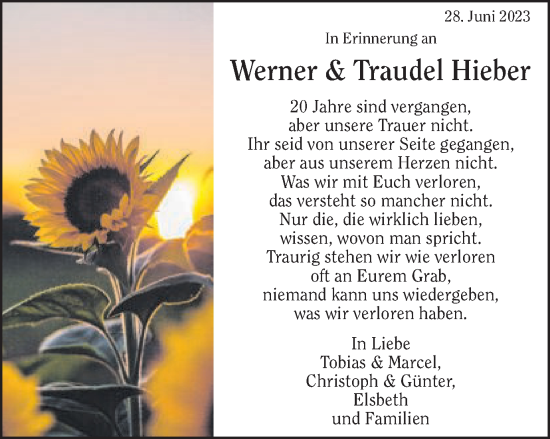 Traueranzeige von Werner und Traudel Hieber von Schwäbische Post