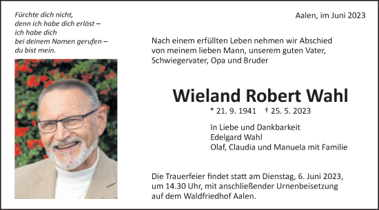 Traueranzeige von Wieland Robert Wahl von Schwäbische Post