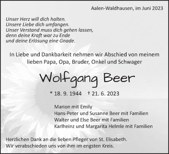 Traueranzeige von Wolfgang Beer von Schwäbische Post
