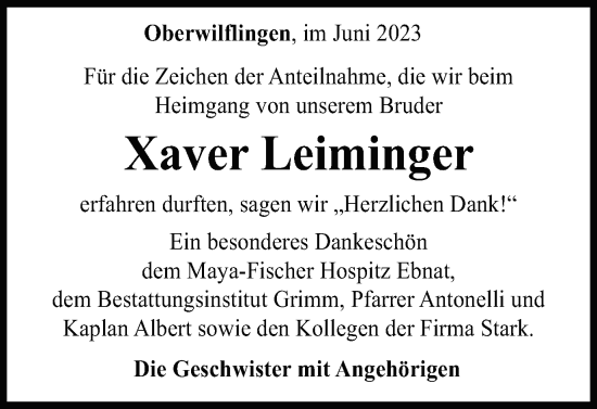 Traueranzeige von Xaver Leiminger von Schwäbische Post