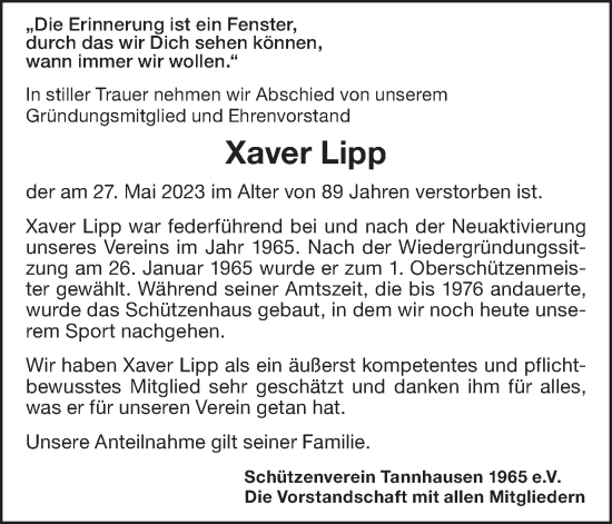 Traueranzeige von Xaver Lipp von Schwäbische Post