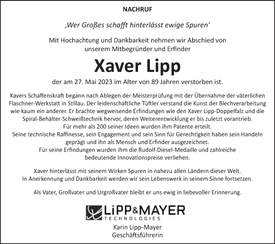 Traueranzeige von Xaver Lipp von Schwäbische Post