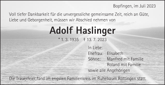 Traueranzeige von Adolf Haslinger von Schwäbische Post