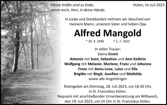 Traueranzeige von Alfred Mangold von Schwäbische Post