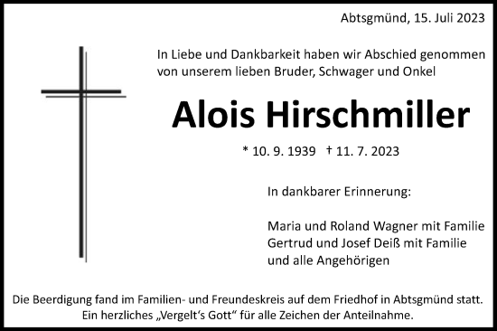 Traueranzeige von Alois Hirschmiller von Schwäbische Post