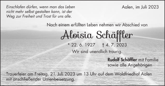 Traueranzeige von Aloisia Schäffler von Schwäbische Post