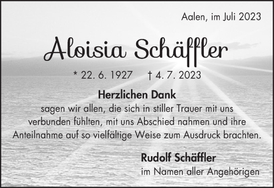 Traueranzeige von Aloisia Schäffler von Schwäbische Post