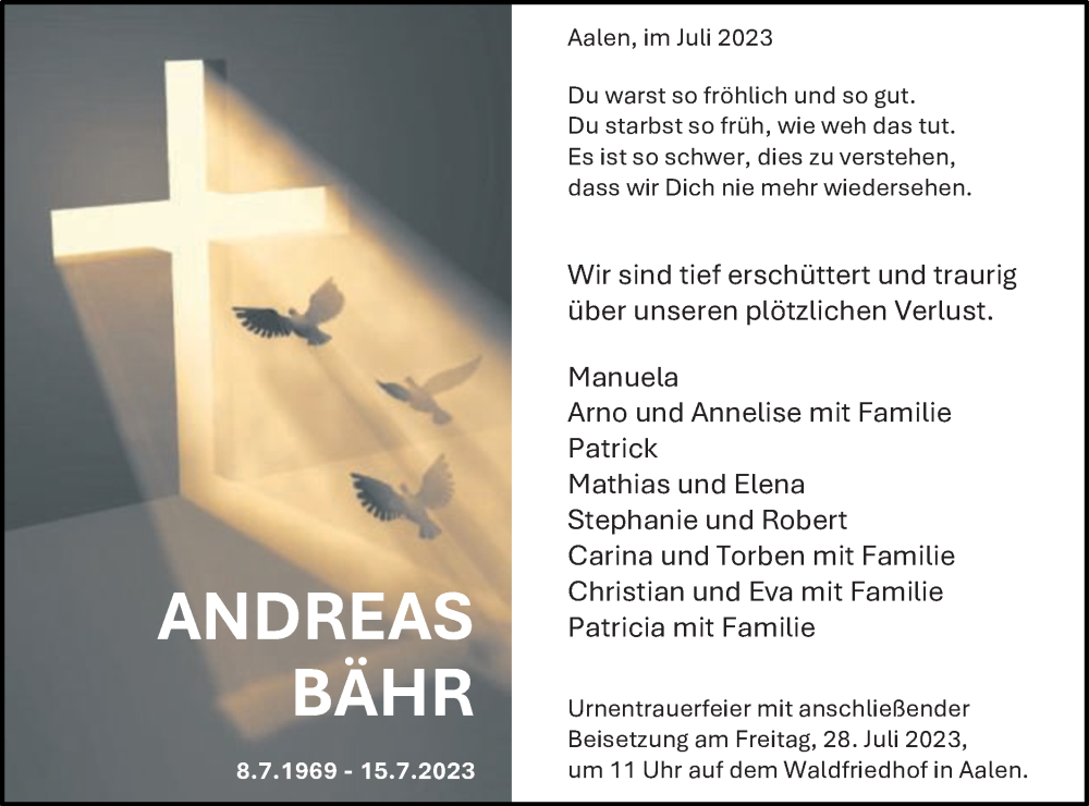  Traueranzeige für Andreas Bähr vom 25.07.2023 aus Schwäbische Post
