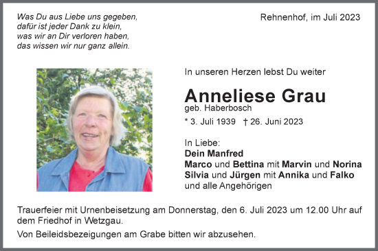 Traueranzeige von Anneliese Grau von Gmünder Tagespost