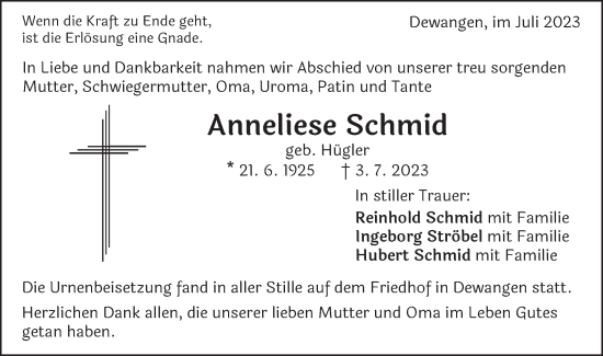 Traueranzeige von Anneliese Schmid von Schwäbische Post