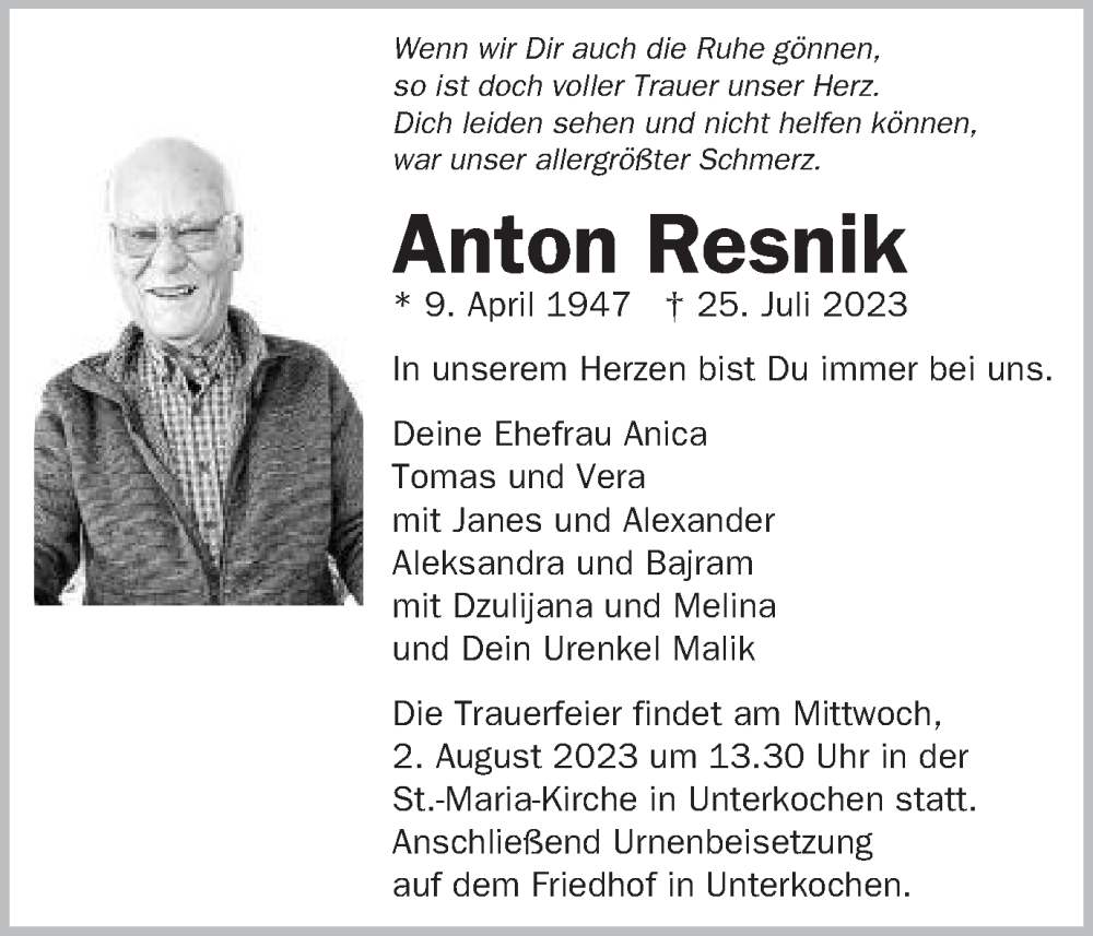  Traueranzeige für Anton Resnik vom 31.07.2023 aus Schwäbische Post