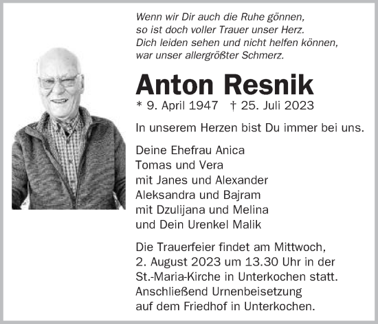 Traueranzeige von Anton Resnik von Schwäbische Post