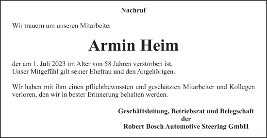 Traueranzeige von Armin Heim von Gmünder Tagespost