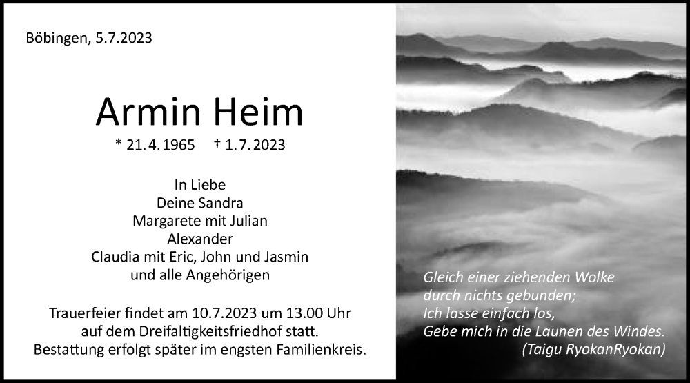 Traueranzeige für Armin Heim vom 08.07.2023 aus Gmünder Tagespost