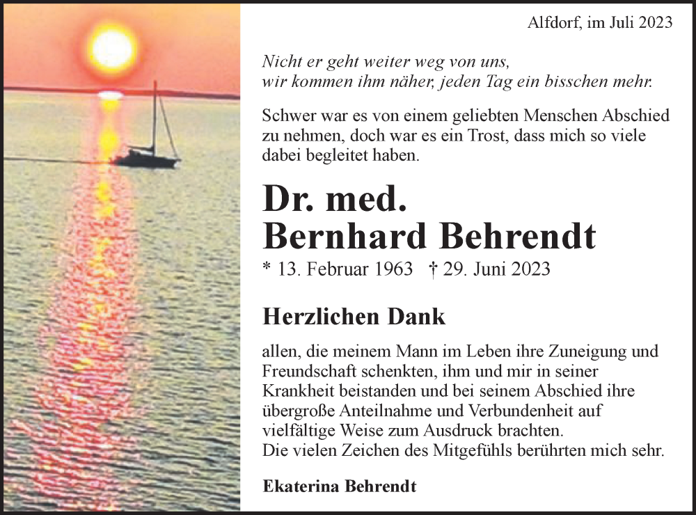  Traueranzeige für Bernhard Behrendt vom 22.07.2023 aus Gmünder Tagespost