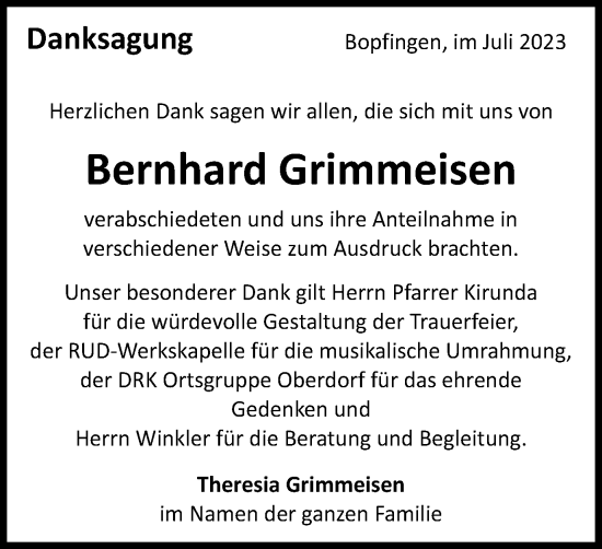 Traueranzeige von Bernhard Grimmeisen von Schwäbische Post