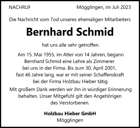 Traueranzeige von Bernhard Schmid von Gmünder Tagespost