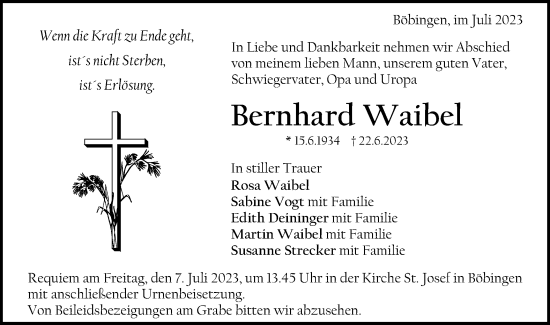 Traueranzeige von Bernhard Waibel von Gmünder Tagespost