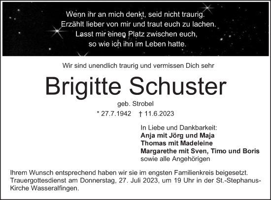Traueranzeige von Brigitte Schuster von Schwäbische Post