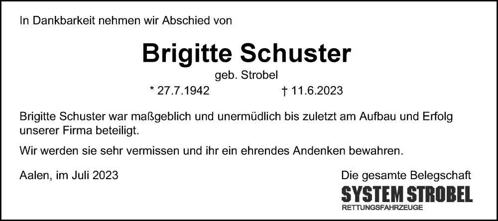  Traueranzeige für Brigitte Schuster vom 06.07.2023 aus Schwäbische Post
