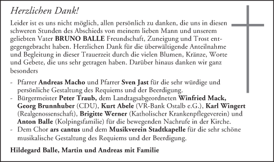 Traueranzeige von Bruno Balle von Schwäbische Post