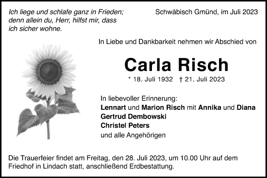 Traueranzeige von Carla Risch von Gmünder Tagespost