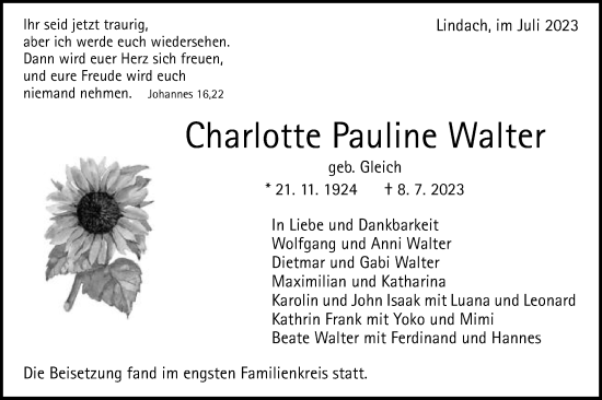 Traueranzeige von Charlotte Pauline Walter von Gmünder Tagespost