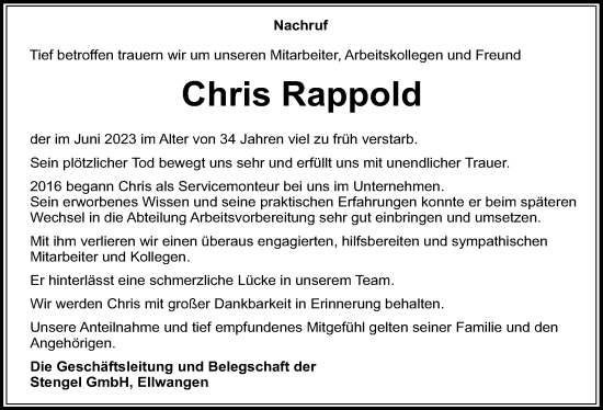 Traueranzeige von Chris Rappold von Schwäbische Post