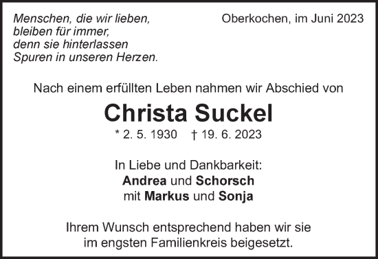 Traueranzeige von Christa Suckel von Schwäbische Post