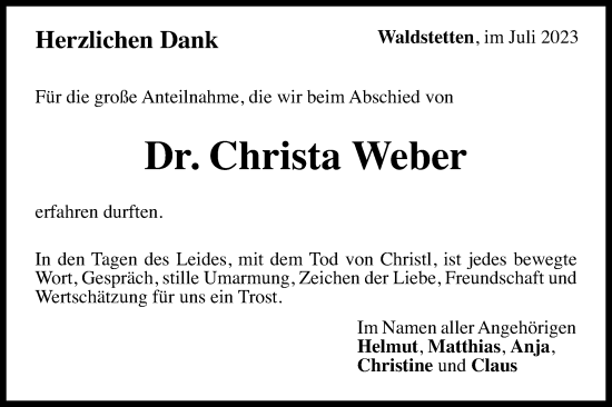 Traueranzeige von Christa Weber von Gmünder Tagespost