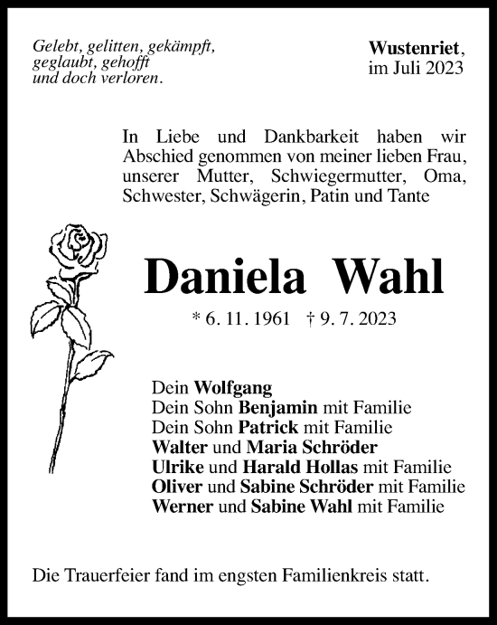 Traueranzeige von Daniela Wahl von Gmünder Tagespost