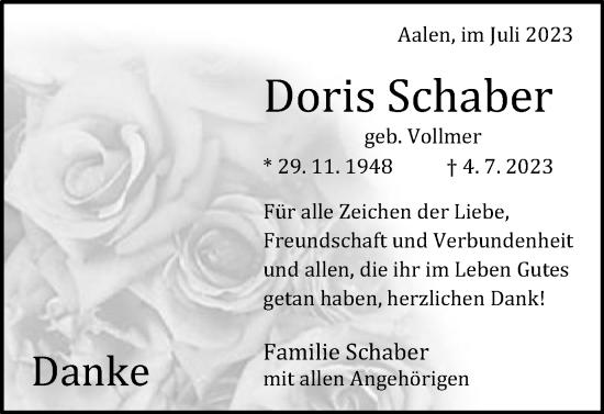 Traueranzeige von Doris Schaber von Schwäbische Post