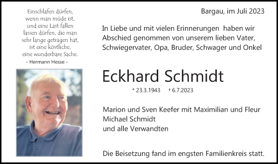Traueranzeige von Eckhard Schmidt von Gmünder Tagespost