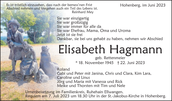 Traueranzeige von Elisabeth Hagmann von Schwäbische Post