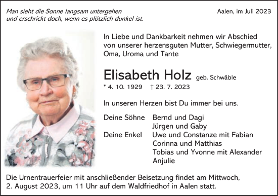 Traueranzeige von Elisabeth Holz von Schwäbische Post