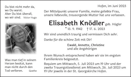 Traueranzeige von Elisabeth Knödler von Schwäbische Post