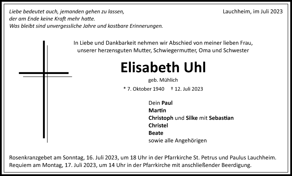  Traueranzeige für Elisabeth Uhl vom 14.07.2023 aus Schwäbische Post