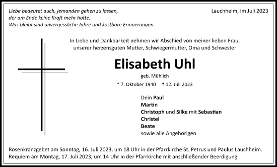 Traueranzeige von Elisabeth Uhl von Schwäbische Post