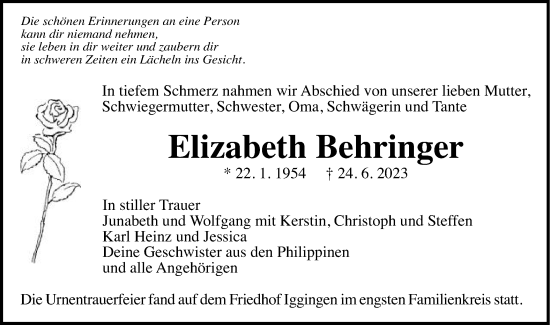 Traueranzeige von Elizabeth Behringer von Gmünder Tagespost