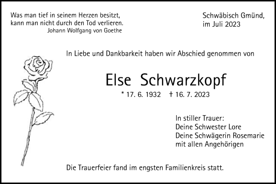 Traueranzeige von Else Schwarzkopf von Gmünder Tagespost