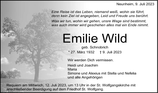 Traueranzeige von Emilie Wild von Schwäbische Post