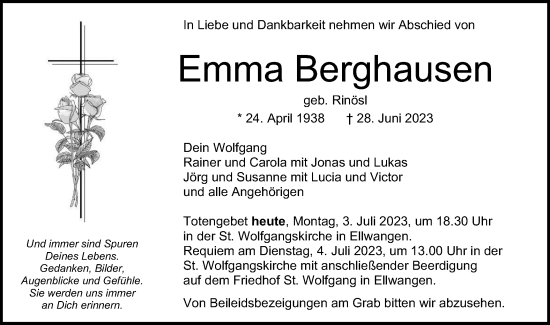 Traueranzeige von Emma Berghausen von Schwäbische Post